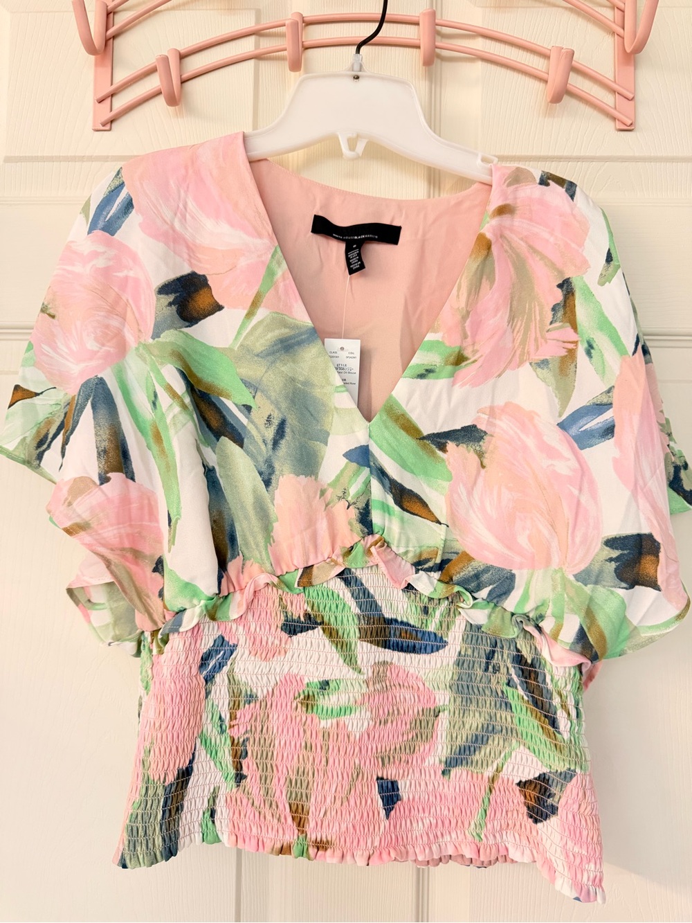 White House Black Market Pink Green Floral V-Neck Smocked Top